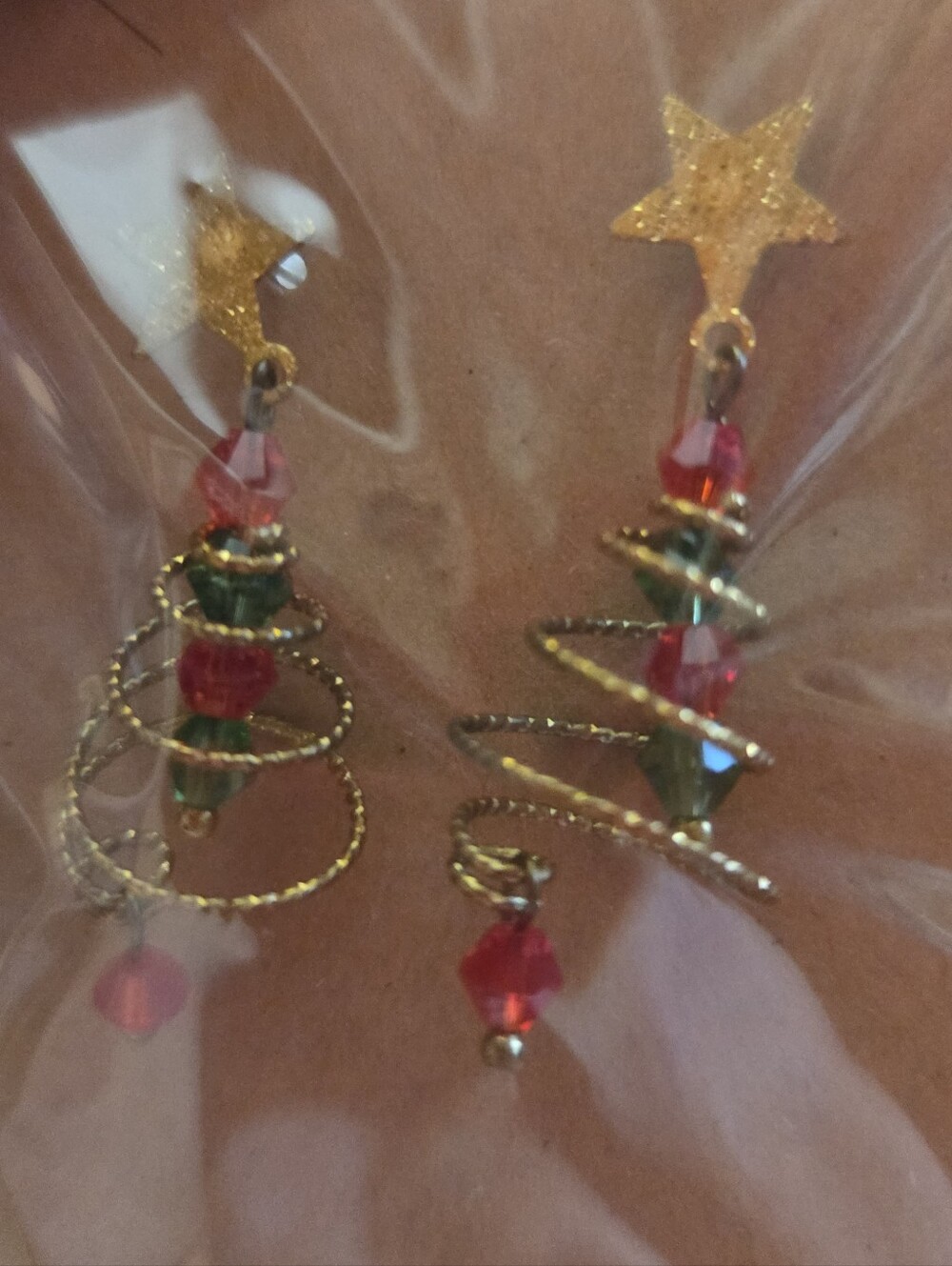 Festive Gold-Tone Spiral Drop Earrings with Red & Green Beads